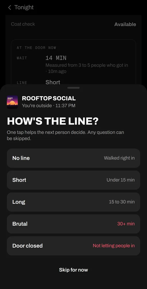 How's the line? at Rooftop Social, with answers from No line to Brutal and Door closed.