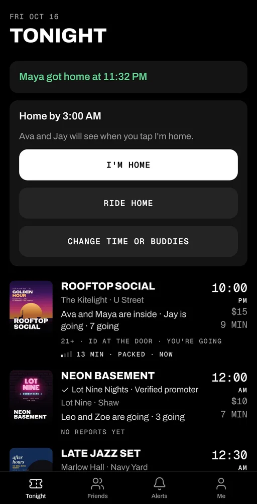 Tonight after a check-in: Maya got home at 11:32 PM, with I'm home and Ride home buttons.