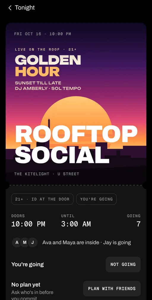 The Rooftop Social event page: 10 PM to 3 AM, 7 going, Ava and Maya inside and Jay going.