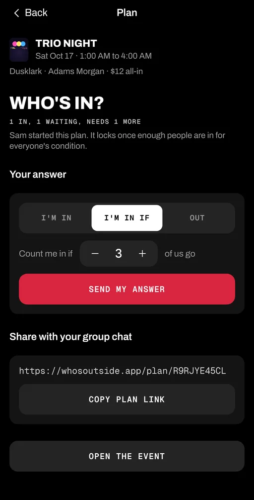 A plan for Trio Night: one in, one waiting, needs one more, with I'm in, I'm in if and Out answers and a link to share.
