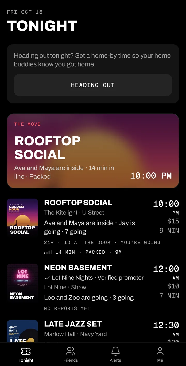 The Tonight screen: Rooftop Social is the move, with Ava and Maya inside, a 14 minute line and Packed, then Neon Basement and Late Jazz Set.