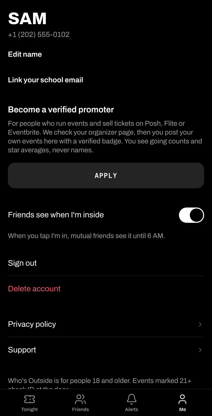 The Me tab: Become a verified promoter, for people who run events and sell tickets on Posh, Flite or Eventbrite, with an Apply button.